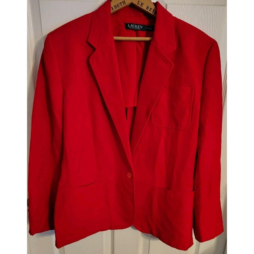 Lauren Ralph Lauren Women's Jacket Red 16 Single Button LRL Pockets Linen Blend
